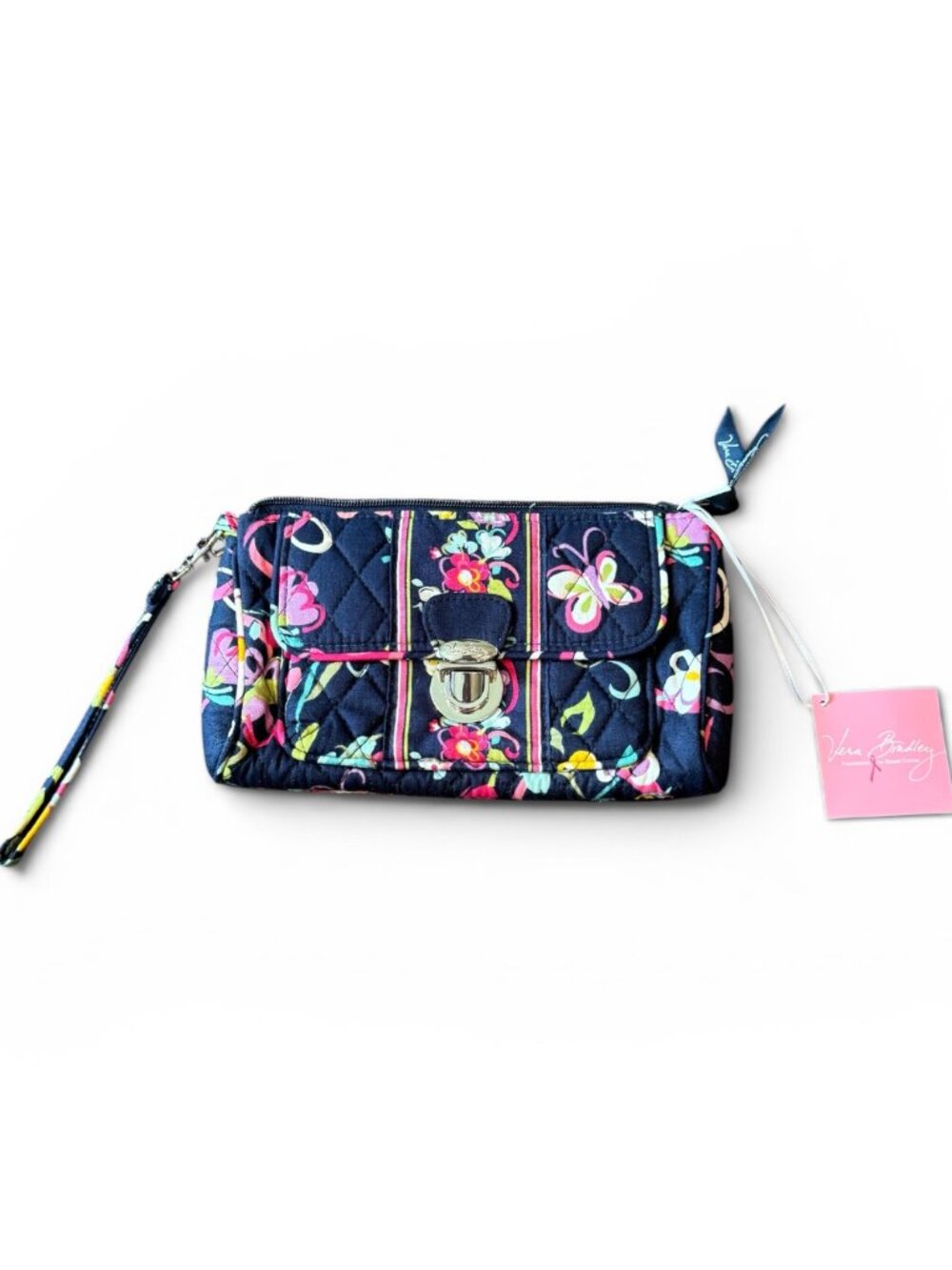 NWT Vera Bradley Pushlock Wallet Wristlet Ribbons Floral Quilted Zip Around Wall